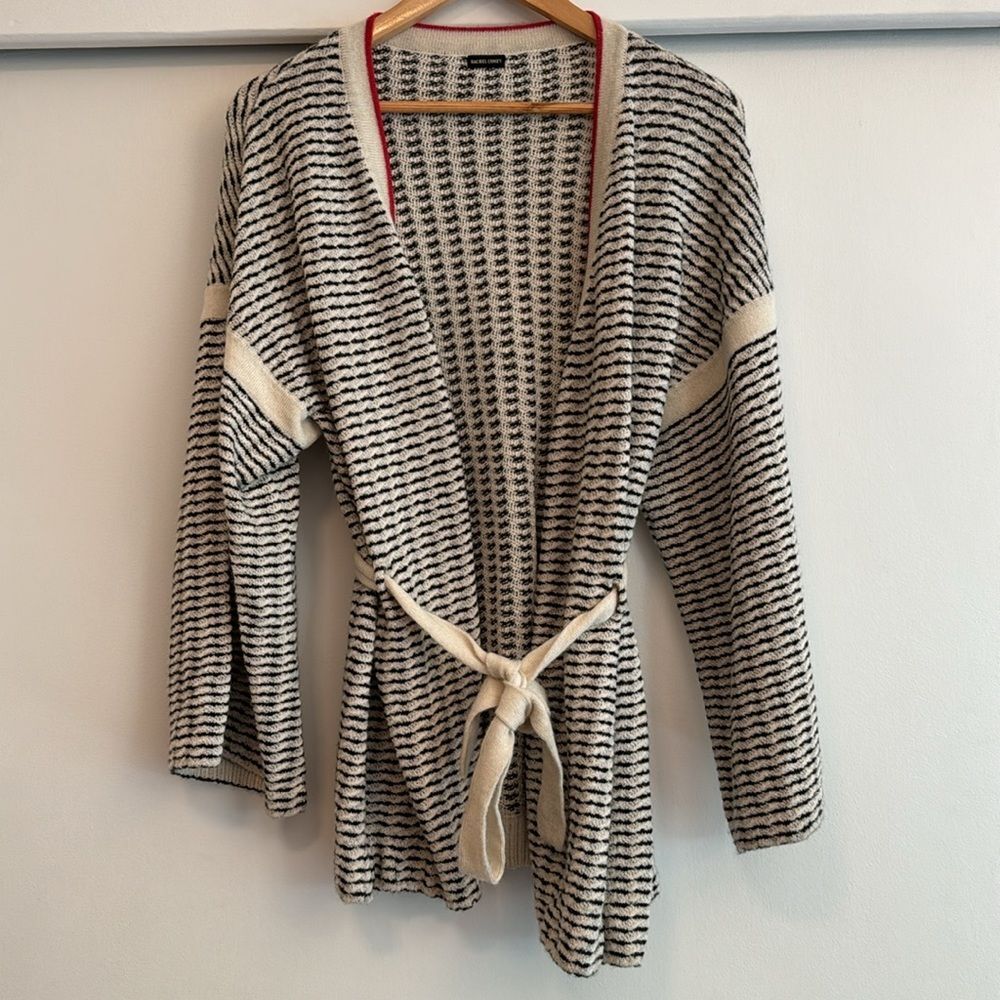 Rachel Comey Medium Black & Cream Alpaca Patterned Belted Cardigan Kimono Jacket